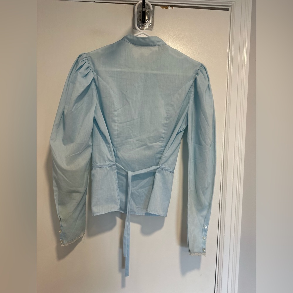 VTG 70s Blue Prairie Victorian Cottagecore Lace Bow Collar Blouse Puff sleeve - Picture 2 of 15